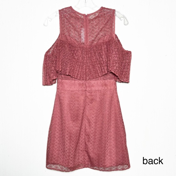 Keepsake Rose Pink Lace Sweetheart Plunge Ruffle Cold Shoulder Mini Pencil Dress - Picture 10 of 16